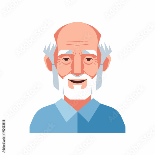 Elderly Man Portrait, Smiling Senior Man with White Beard and Hair, Flat Design Avatar