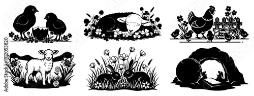 Large collection of Easter and religious icons including lambs bunnies chicks and empty tomb in linocut style