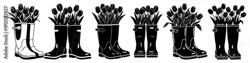 Set of garden rubber boots filled with spring tulip flowers silhouette vector illustration