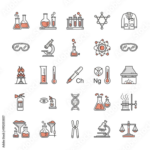 Science and Chemistry Laboratory Equipment Icons Set: Outline Vector Symbols for Research and Education.