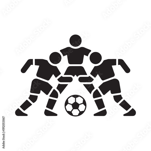 Black silhouette illustration depicting a group of soccer players and a ball