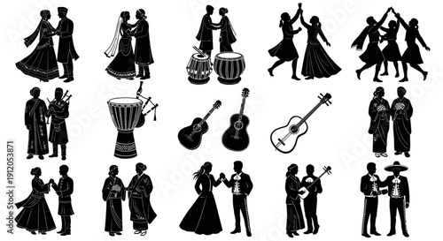 Silhouette illustrations of people dancing and playing musical instruments.