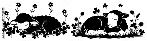 Set of two sleeping lambs resting among clovers and spring flowers in rustic woodcut style