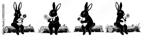 Collection of four cute bunnies sitting on wooden logs holding flowers and decorated Easter eggs