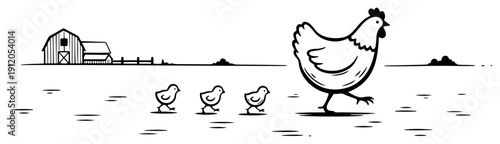Minimalist line art illustration of a mother hen leading three small chicks across a farm field
