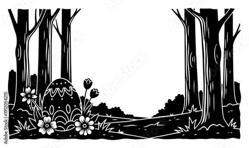 Spring forest landscape background with decorated easter egg and blooming flowers