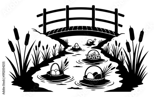Easter baskets floating down a river under a wooden bridge in a peaceful nature landscape