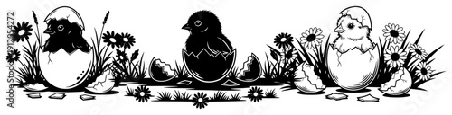 Cute baby chicks hatching from Easter eggs in a spring flower meadow silhouette
