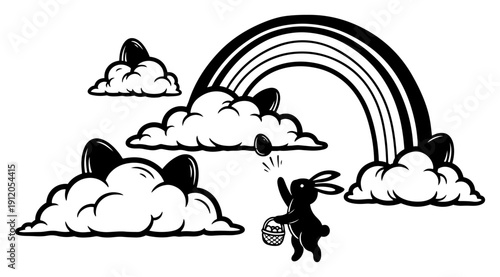 Easter bunny with a basket jumping in the clouds under a rainbow for an egg hunt