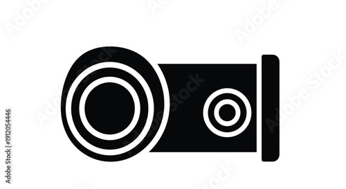 Simple black and white icon depicting a vintage film camera side view