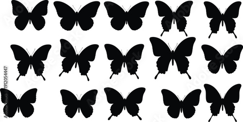Large collection of fifteen different butterfly silhouette icons in black vector style isolated on white background for nature design projects and decorative stencil patterns. (Exactly 25 words)