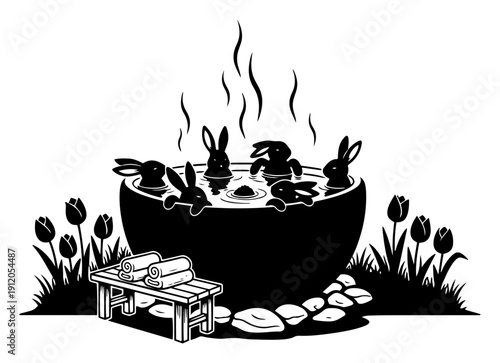 Funny Easter bunnies relaxing in a steaming hot tub cauldron vector silhouette