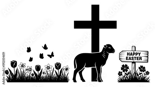 Christian religious easter lamb standing by a cross with spring flowers and butterflies