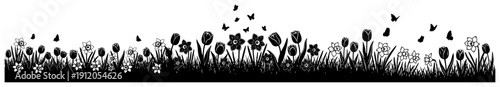 Horizontal spring flower meadow border with butterflies and blooming tulips in silhouette style