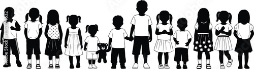 Large group of diverse children standing together in a row black and white silhouette vector illustration of boys and girls for childhood and education concepts.