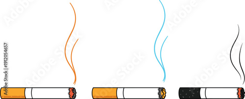 Colorful burning cigarette illustration with rising smoke variations, tobacco addiction concept vector isolated on white background