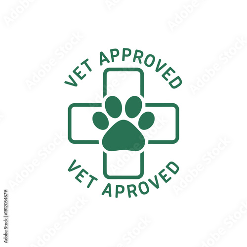 A green vet approved stamp featuring a paw print within a cross shape