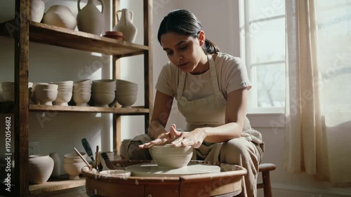 Potter shaping clay on spinning wheel in workshop, wearing apron. Natural light highlights hands and tools. Concept of craftsmanship, creativity, and handmade pottery art.
