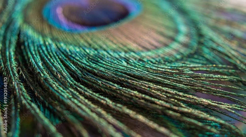 Fototapeta premium Vibrant peacock feather with shimmering green and blue hues