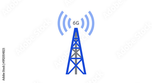 Minimalist 6G signal tower icon emitting radio waves — flat vector wireless telecom in blue and grey