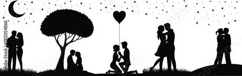 Vector, Illustration, Set, of, Romantic, Couple, Silhouettes, Under, Night, Sky, for, Valentine, Identity, Branding, Professional, Graphic, Design, Projects, Collection, Elements, Love, Marriage, Pro