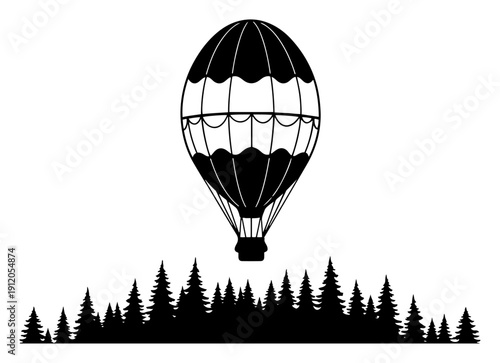 Hot air balloon flying above a pine forest tree line silhouette illustration