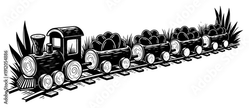 Easter holiday steam train locomotive pulling wagons filled with decorated eggs