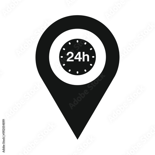A black and white location pin icon displaying a 24 hour clock symbol