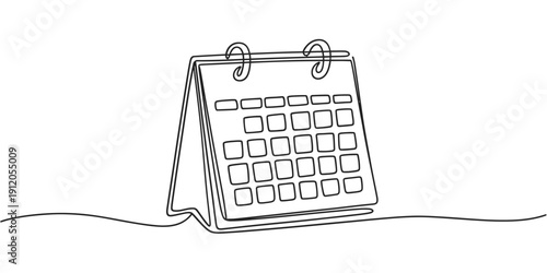 A continuous line drawing depicts a simple wall calendar with hanging rings