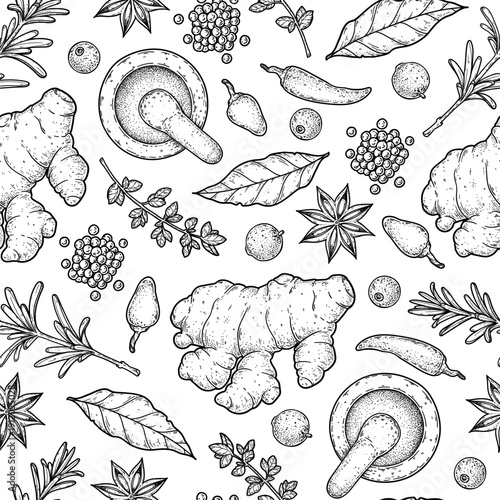 Herbs and spices seamless pattern. Vector drawing illustration. Aromatic plants. Hand drawn food sketch. Vintage illustration. Spice and herbs, black and white design.
