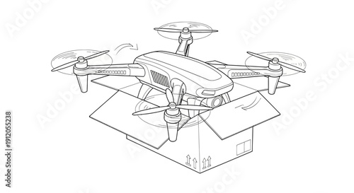 Vector illustration of a drone emerging from an open cardboard box in a line drawing style isolated on White Background