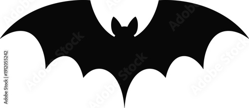 Black bat silhouette with open wings isolated on white for Halloween decoration, spooky nocturnal animal icon, vampire graphic, and gothic design