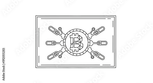 Vector illustration of a ship's wheel with eight spokes and a central lock, surrounded by a dotted line and enclosed in a rectangular border isolated on White Background