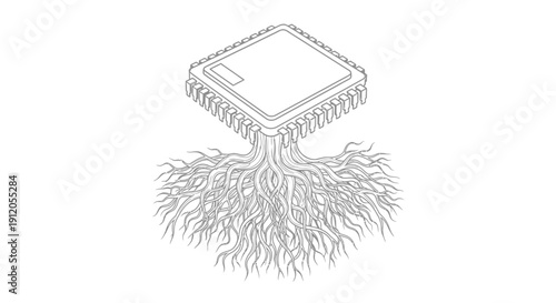 Vector illustration of a microchip with roots growing out, symbolizing technology and nature connection isolated on White Background