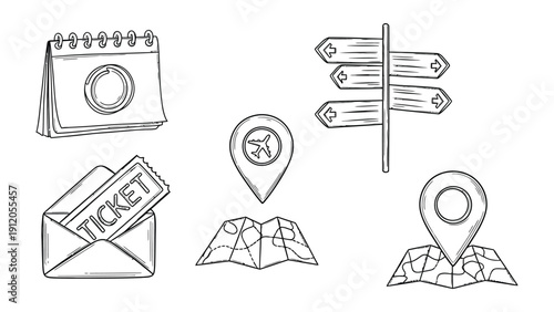 Journey Planning Sketch: Hand-drawn illustrations of travel essentials including a calendar, directional sign, map, ticket and pin, set against a simple background.