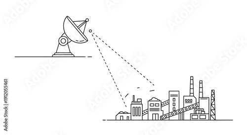 Vector illustration of a satellite dish transmitting signals to a cityscape with industrial buildings and factories isolated on White Background