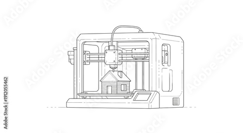 Vector illustration of a 3D printer creating a small house isolated on White Background
