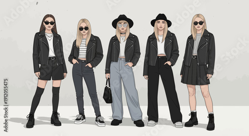 Illustration of five stylish young women standing in a row wearing coordinated black leather jackets, sunglasses, and modern outfits.