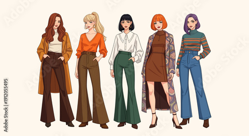 Five diverse women showcasing retro 70s fashion styles with bell-bottoms, long coats, and vintage blouses, standing together in a stylish illustration.