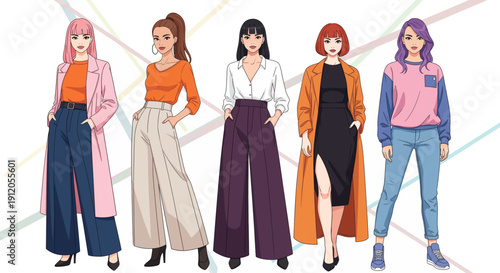 Five animated women showcasing diverse modern fashion styles and trendy outfits with various hairstyles.