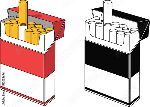 Open cigarette pack mockup illustration with red and black packaging design, tobacco product branding template vector set