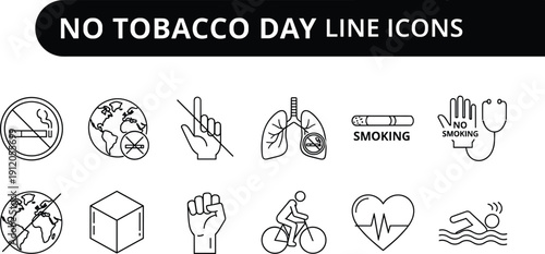 No Tobacco Day line icons set with anti smoking symbols, healthcare awareness, healthy lifestyle, and global public health illustration
