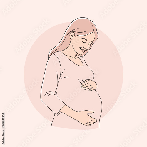 Pregnant woman vector illustration in her second or third trimester. Concept for prenatal health, pregnancy journey, maternal care, and women's reproductive wellness.