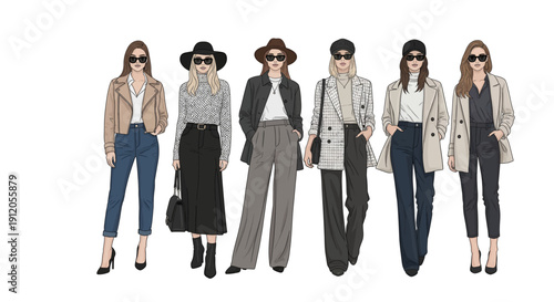 Fashion illustration of six stylishly dressed women in modern casual and business attire, isolated on a white background.