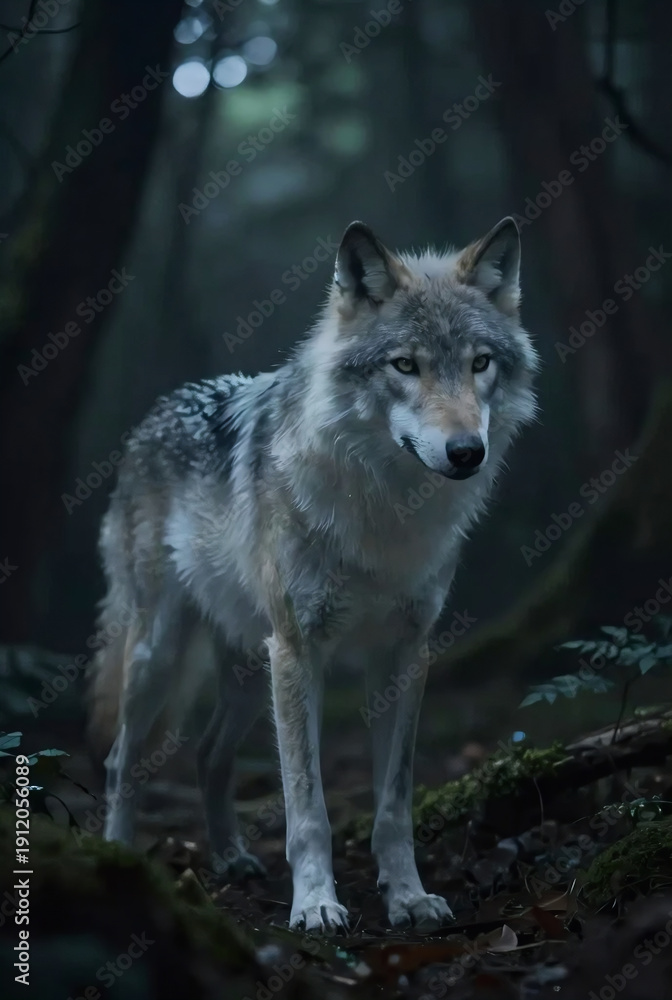 Fototapeta premium Majestic wolf standing in dark forest with mossy ground