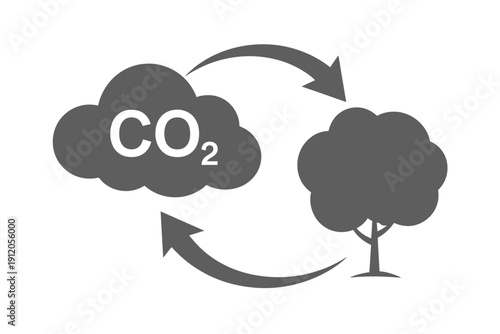 Carbon cycle illustration depicting co2 exchange between trees and atmosphere