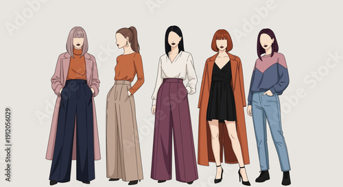 Group of five stylishly dressed women in a fashion illustration, showcasing contemporary clothing styles.