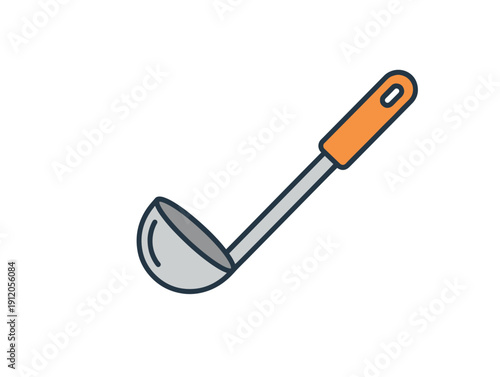 A cartoon illustration of a metal ladle with an orange handle