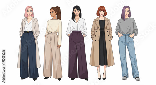 Illustration of five diverse and fashionable women standing together in stylish, modern outfits on a white background.