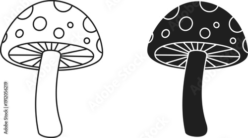 Black And White Vector Illustration Of A Single Spotted Toadstool Mushroom Featuring High Contrast Silhouette And Detailed Outline Styles For Nature And Forest Design